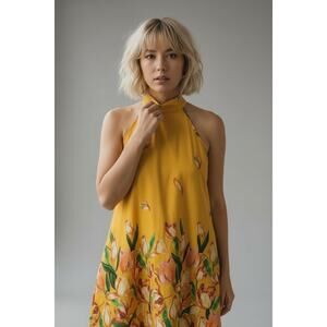 Women’s Halter Floral Short Dress Size XS Yellow Summer Vacation Resortwear